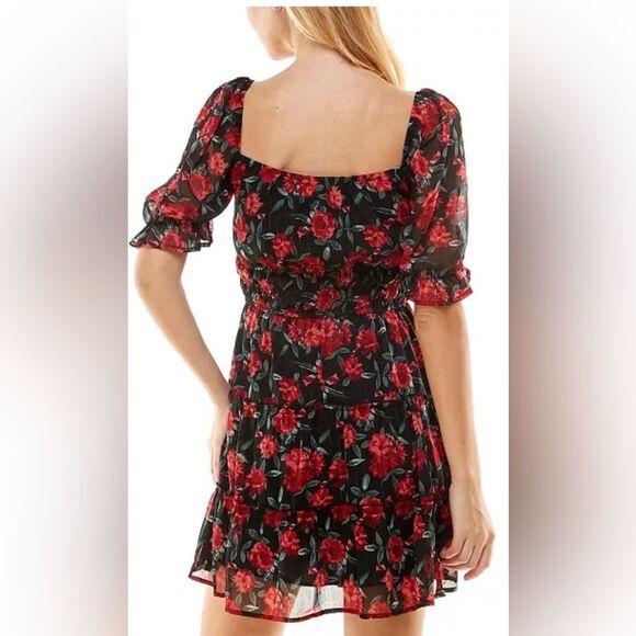 TRIXXI FLORAL RED and BLACK PUFF SLEEVE DRESS- Size MED-NWT - Picture 13 of 14